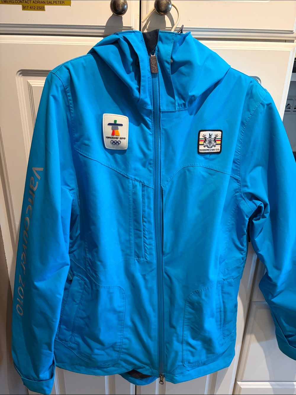 Bright Blue Ski Jacket with Hood and Olympic Patches